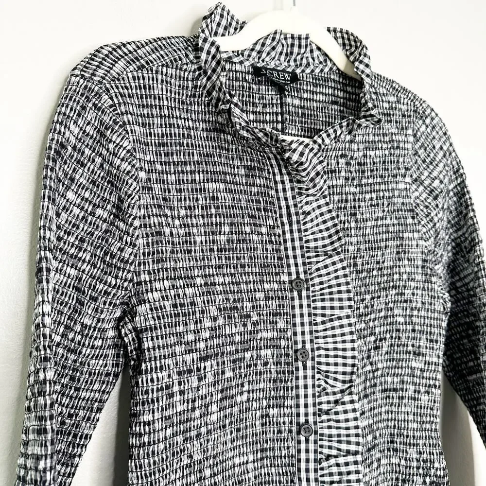 J Crew Black White Smocked Gingham Mini dress Ruffle Sleeves Small NEW